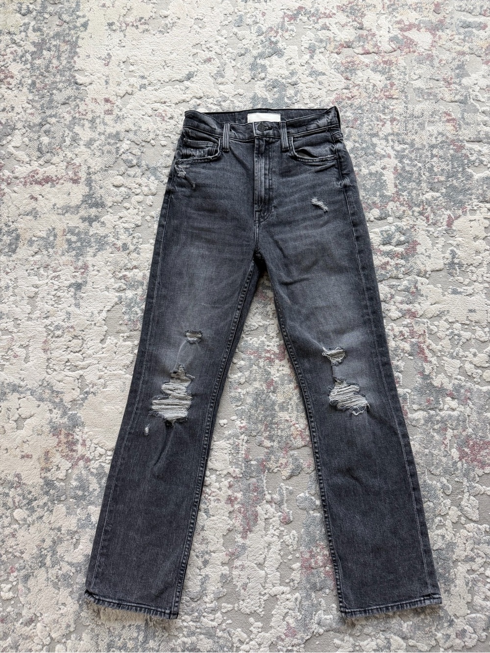 MOTHER Black Distressed Straight-Leg Jeans